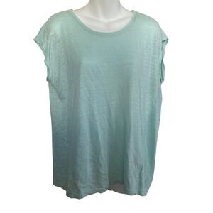 Tahari Shirt Top Linen Light Green Button Back Cap Sleeve Lightweight SZ L